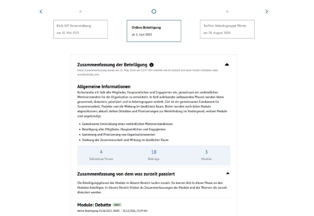 Screenshot einer KI-gestützten Zusammenfassung eines exemplarischen Beteiligungsverfahrens